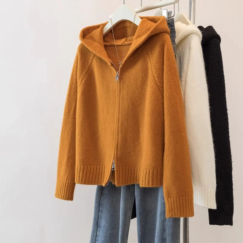 南瓜色正肩连帽毛衣外套女春季大码胖mm显瘦气质独特针织开衫上衣