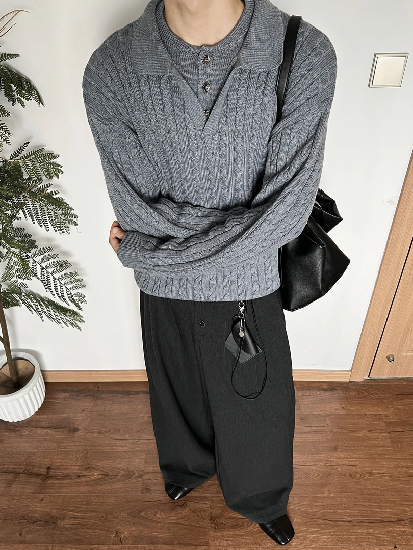 Succinct“麻”羊毛编织麻花双层海鸥领针织毛衣秋冬老钱风长袖