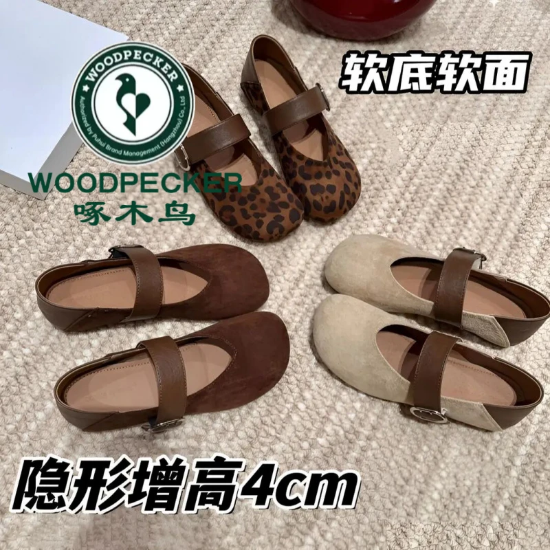 啄木鸟增高4cm一字带豹纹玛丽珍2025复古韩版内增高软底浅口单鞋9