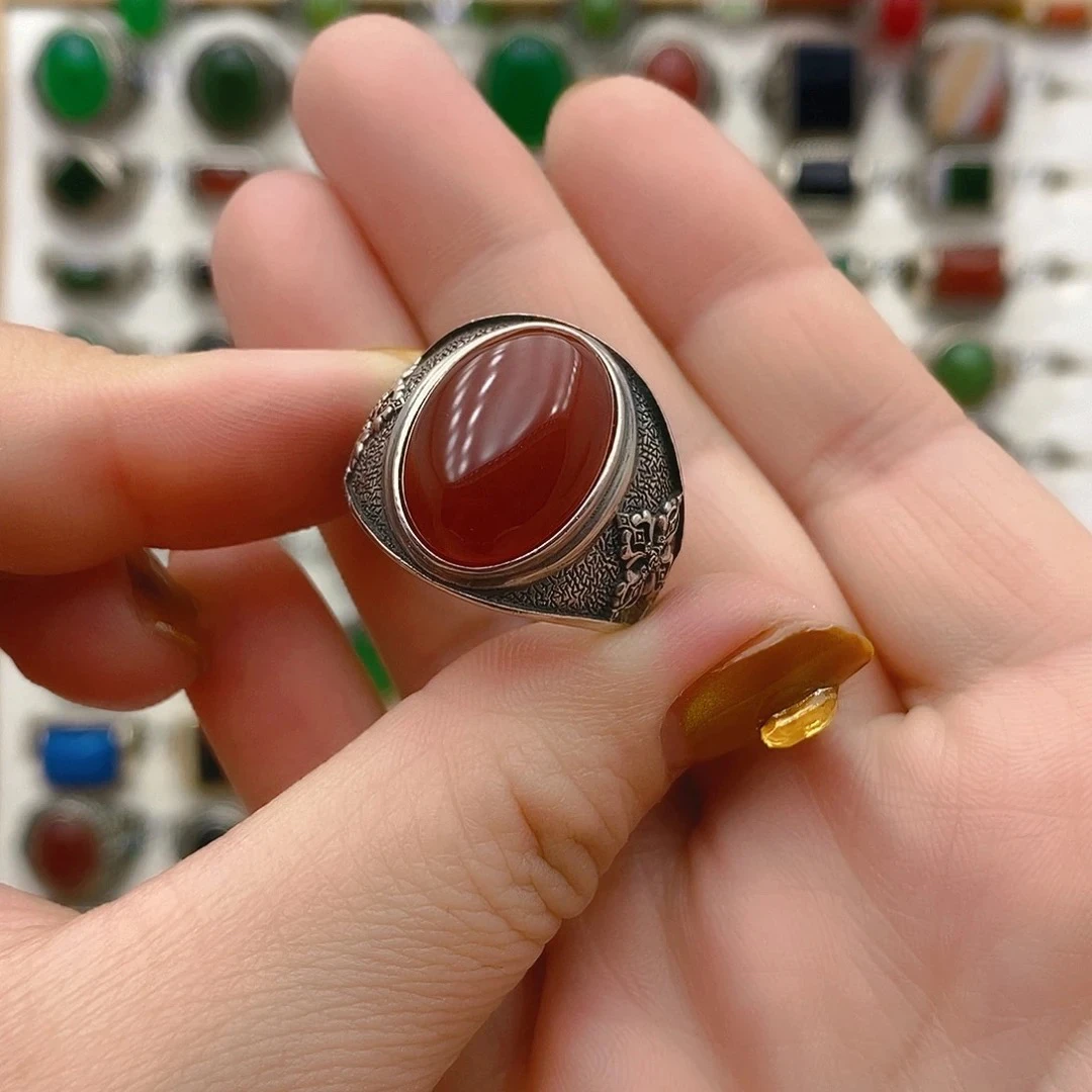 红色玛瑙蛋面复古风事事如意银925镶嵌开口男戒