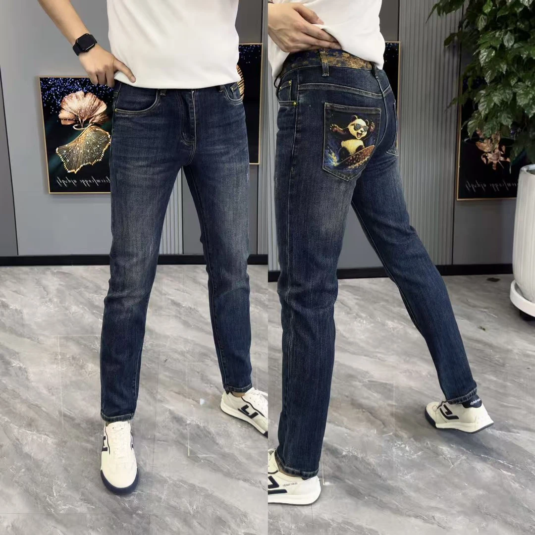 牛仔裤男时尚动物印花男裤2025秋季新款修身显瘦小脚裤个性裤子男