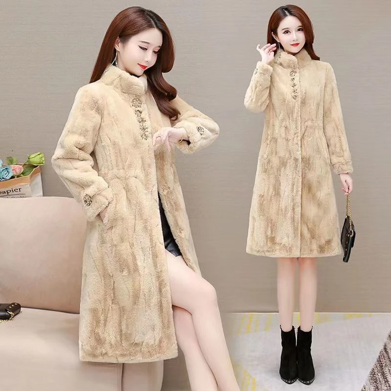 人造皮草 海宁外套女冬季加绒加厚毛茸茸中长款皮草妈妈装大衣
