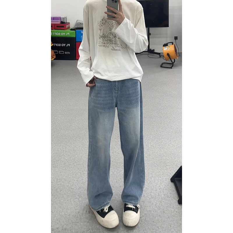 美式高街竹节纹弯刀牛仔裤男款秋冬宽松复古潮牌cleanfit水洗裤子