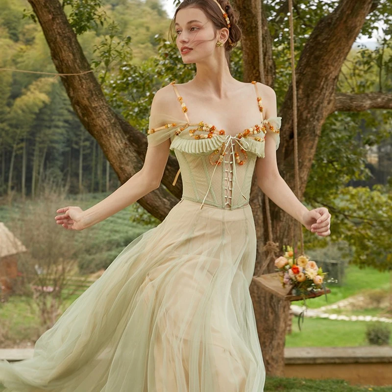 LaceMade 奇妙仙子 法式绿色仙女裙套装重工鱼骨胸衣上衣纱裙收藏