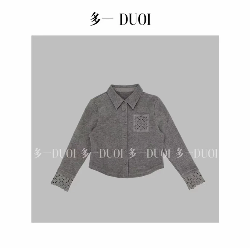 【现货】“纤月”2025冬季钩花翻领单排扣镂空长袖拼接百搭正肩开衫