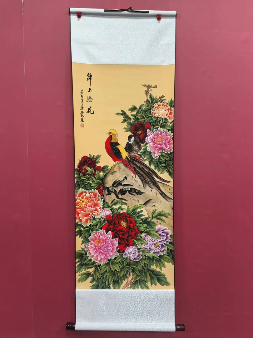 038卷轴牡丹花鸟图客厅书房中堂装饰挂画