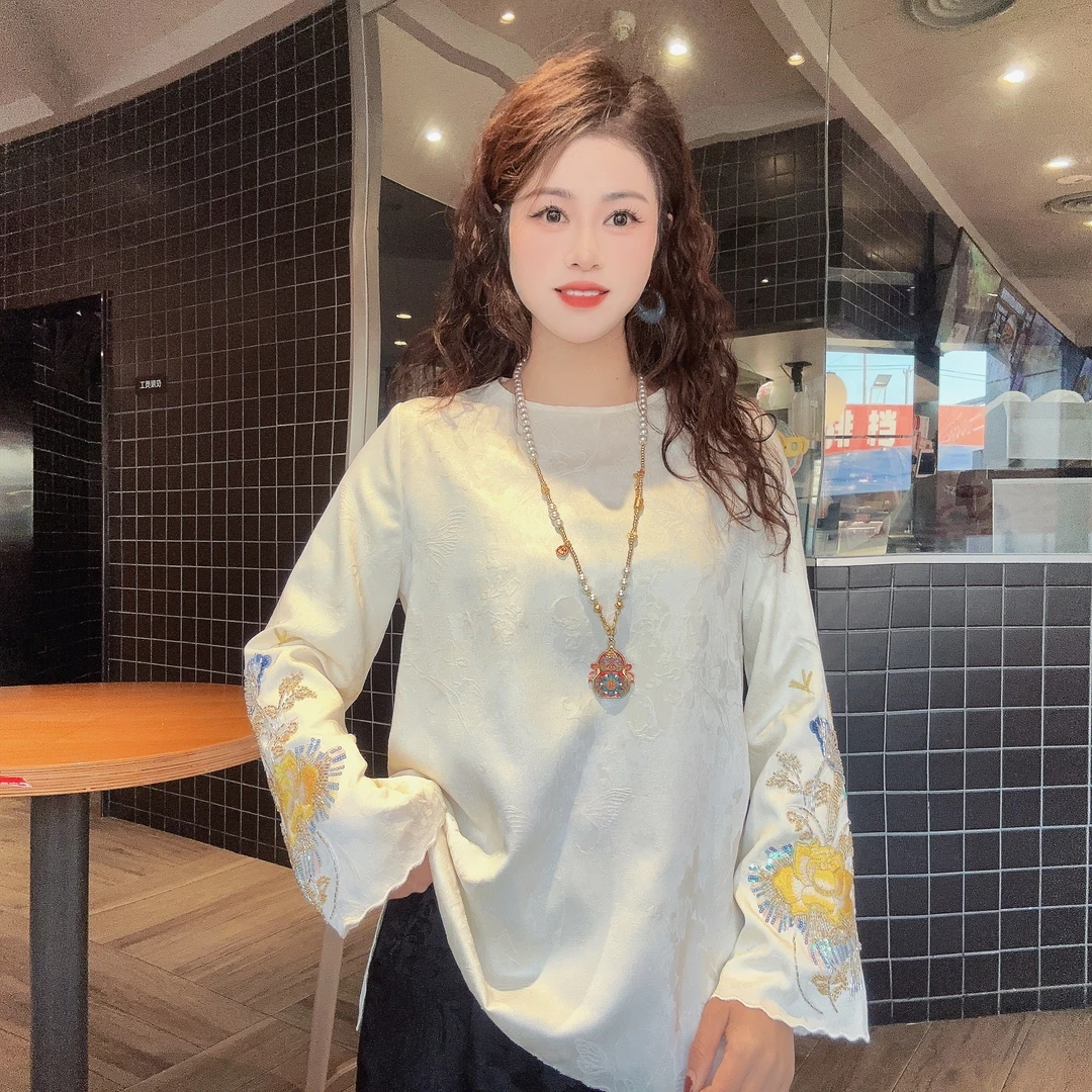 【牡丹】新中式气质复古圆领春款珠珠刺绣圆领宽松大版提花上衣YSY