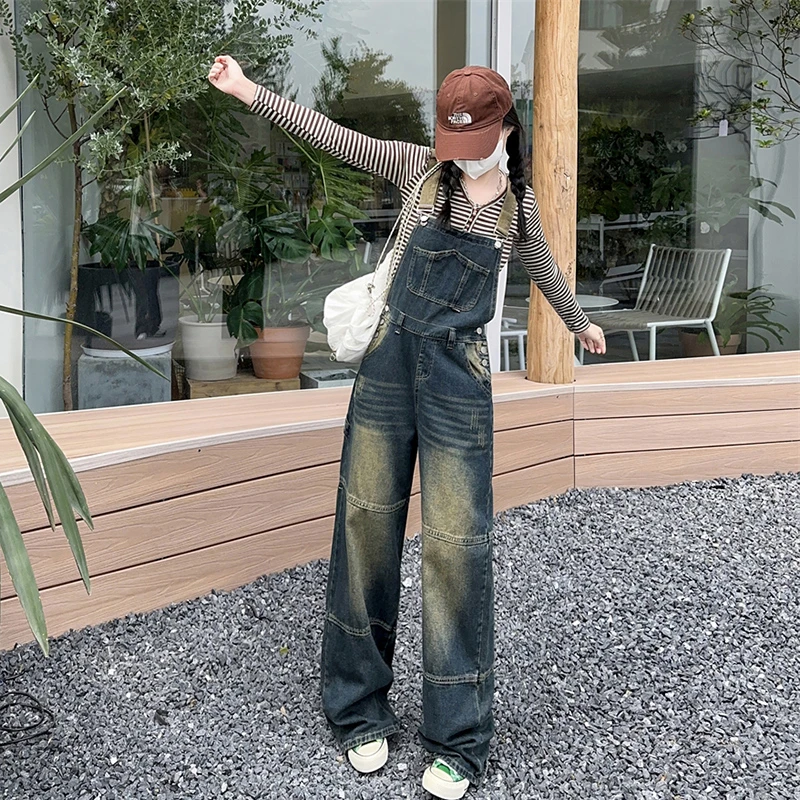美式复古水洗牛仔背带裤女宽松工装设计感高腰显瘦连体裤拖地长裤
