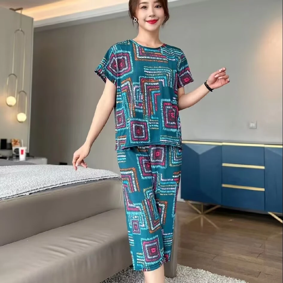妈妈装夏装衣服奶奶夏季显瘦时尚套装老年人女士短袖冰丝女大码
