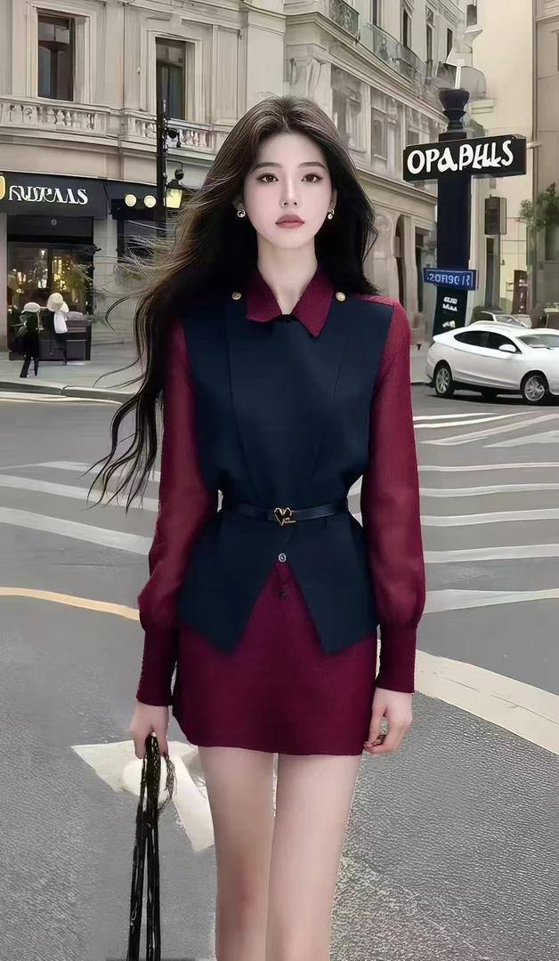 新款秋季时尚通勤风酒红色拼接修身收腰系带包臀连衣裙显瘦高级感