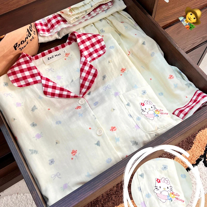 侘町2025新款碎花农夫kitty短袖睡衣女夏季甜美可外穿家居服套装
