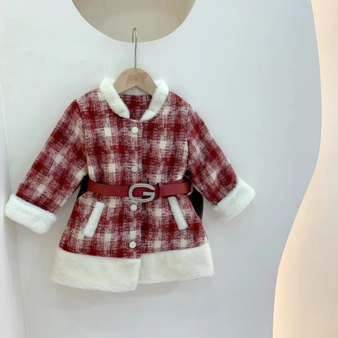 241851 女童冬季韩版夹棉加厚格子拜年服休闲收腰大衣