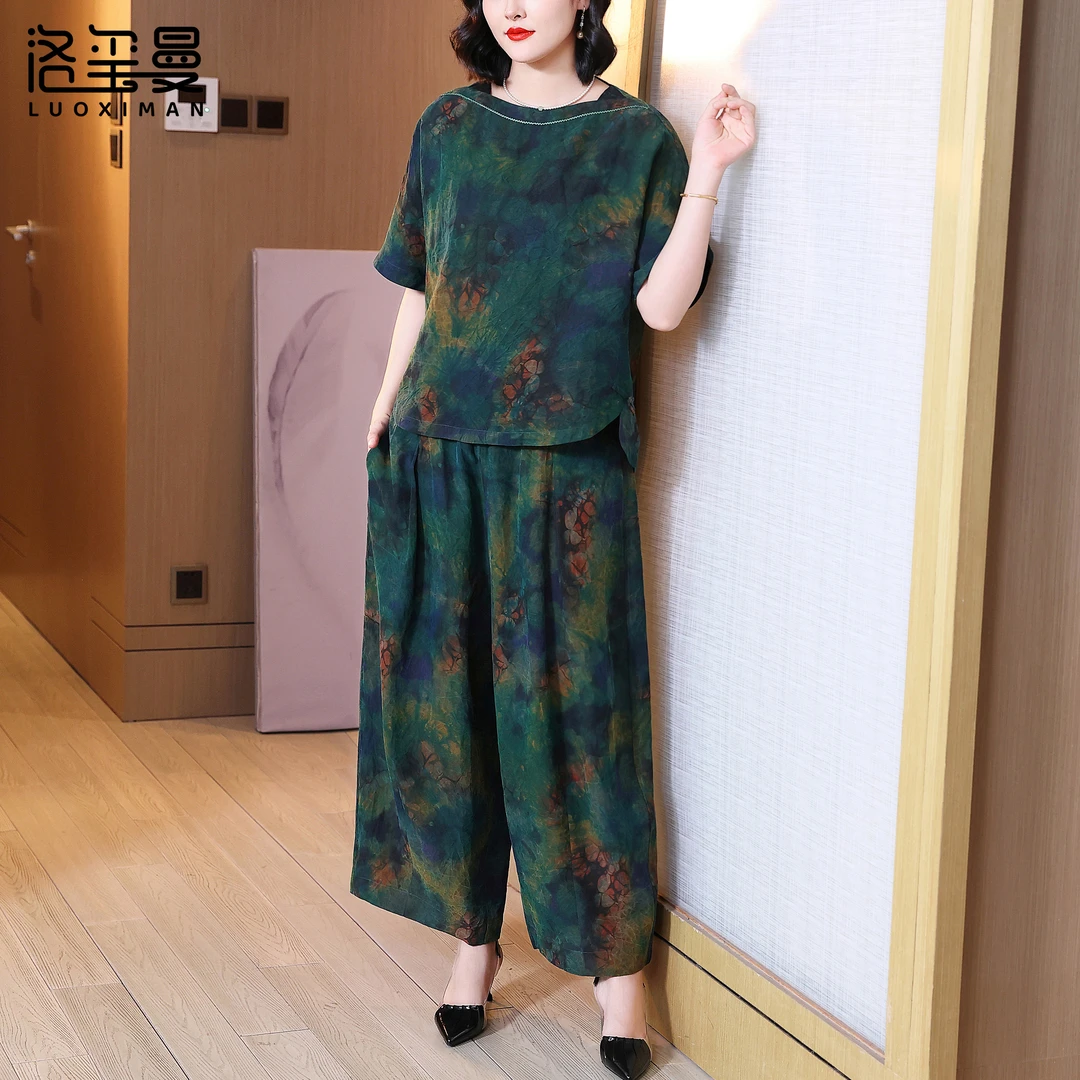 洛玺曼真丝桑蚕丝香云纱套装复古港风时尚套装宽松显瘦遮肉妈妈装