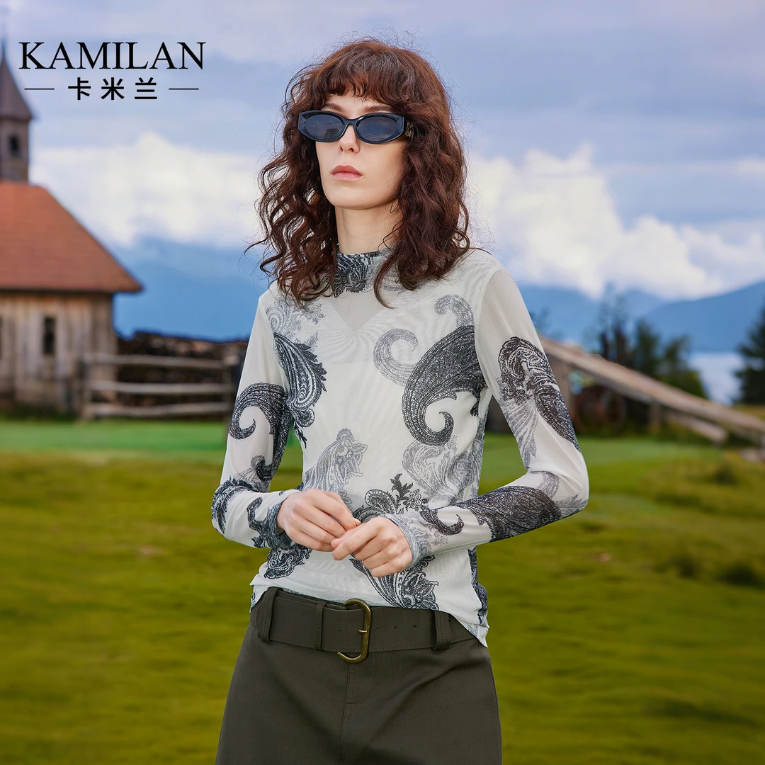 卡米兰印花洋气修身T恤女2025秋季新款流行好看别致独特漂亮上衣