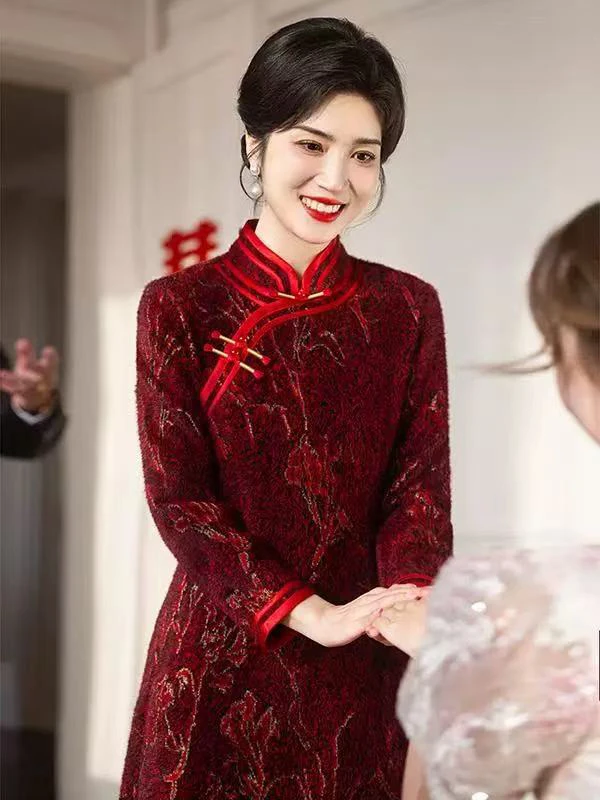 8501-结婚喜婆婆婚宴装2024新款冬季旗袍加绒加厚平时可穿婚礼