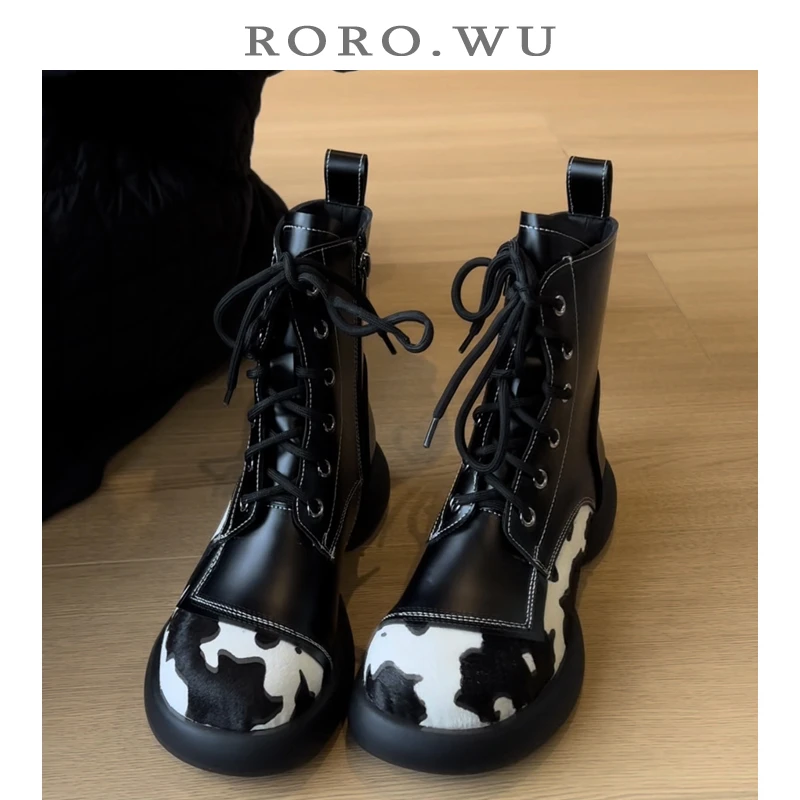 娆娆吴·牛皮甜美牛奶纹圆头厚底系带短靴简约小蛮腰马丁靴X362