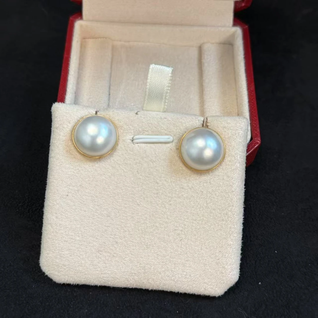 法式气质日本海水圆形马贝珍珠耳钉18k金白色经典款耳环AB057