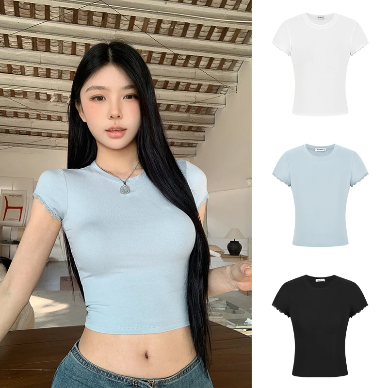 Moses Queen/魔西女王辣妹性感蕾丝短袖T恤掐腰显瘦圆领短款上衣