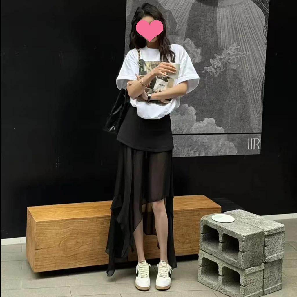 【极简穿搭】时尚气质显瘦不规则网纱拼接西装裤裙+百搭短袖T恤套装