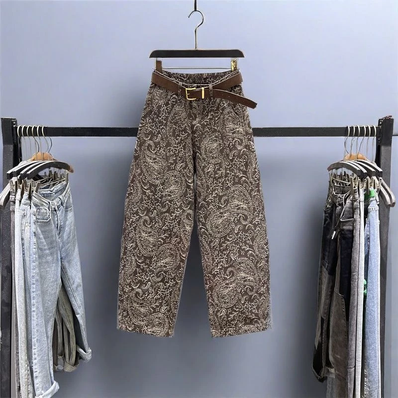 设计感印花休闲弯刀牛仔裤女秋新款高腰宽松显瘦百搭直筒香蕉裤潮