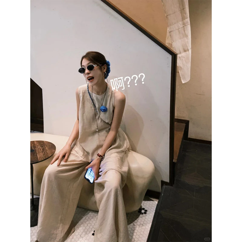 夏季设计感小众老钱风休闲百搭无袖上衣高腰宽松垂感阔腿裤直筒裤