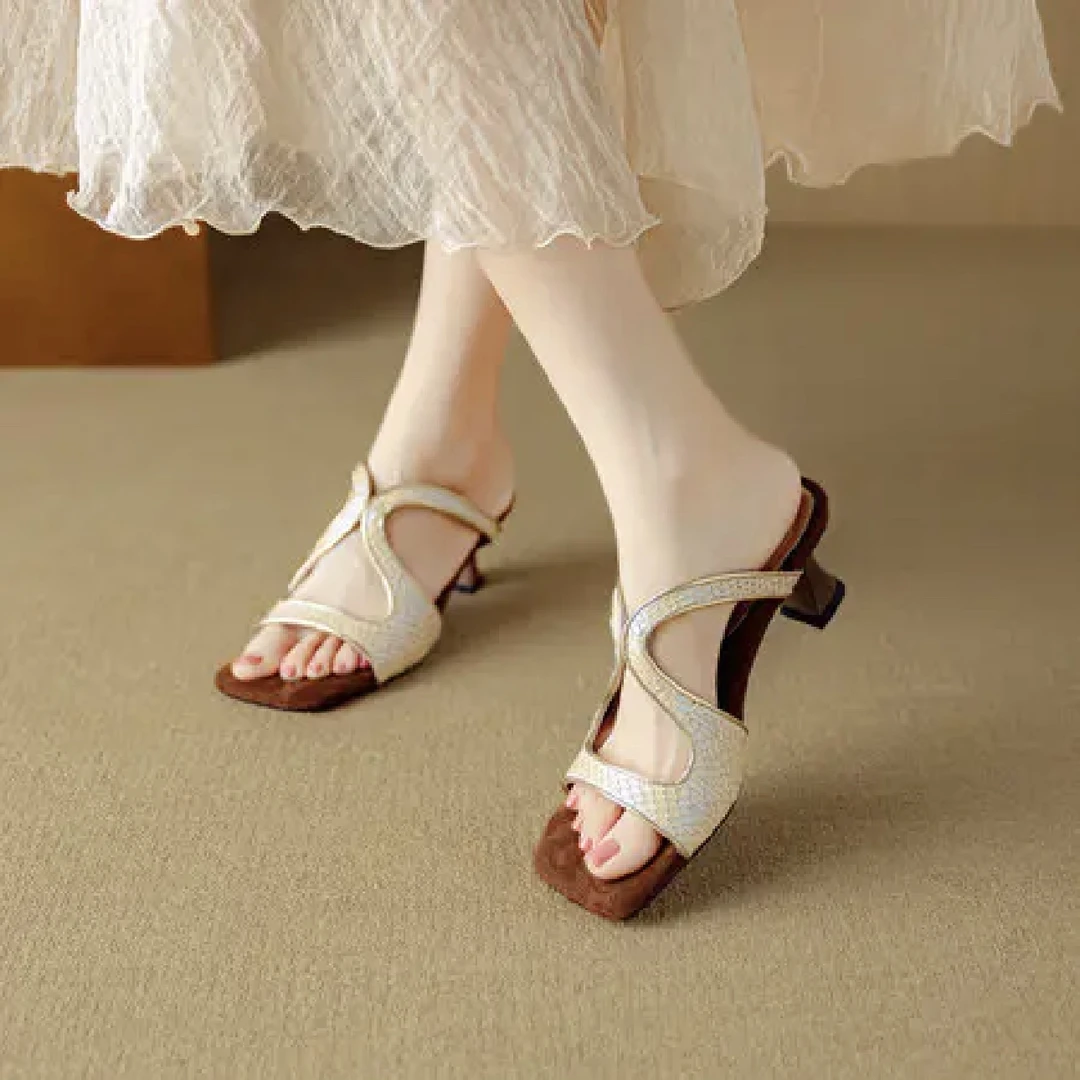 【木子家】2025新款不累脚小方头露指绝美高跟鞋一字金色半拖