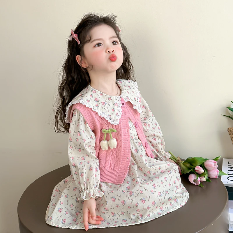 女童春装连衣裙2025新款儿童马甲裙子两件套宝宝春秋款碎花公主裙