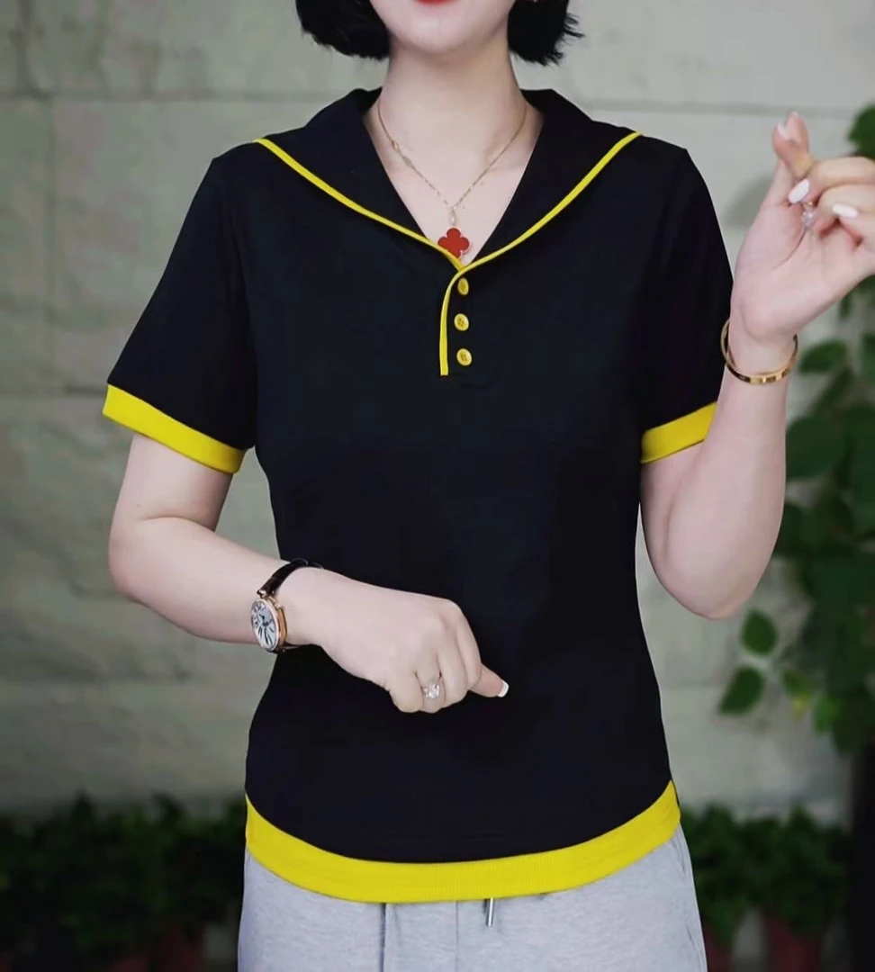 2025春季新款半纽扣海军领时尚拼色百搭洋气休闲风套头上衣短袖