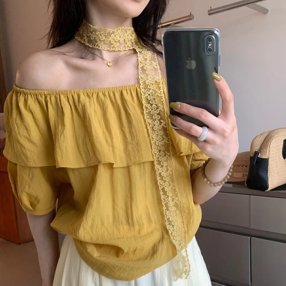 夏日新款2025时尚百搭简约韩系气质荷叶领可一字肩小衫