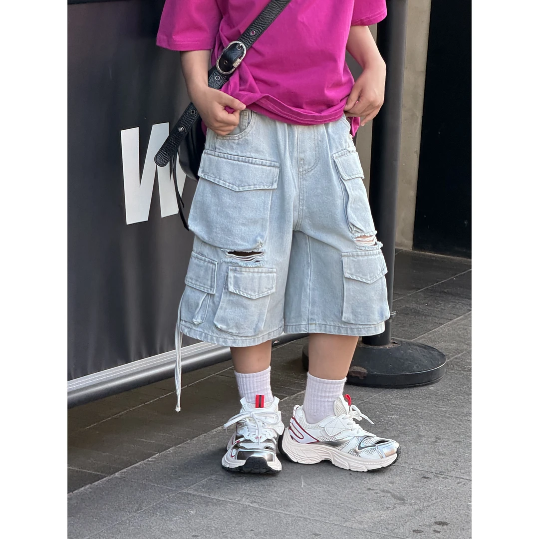 THE LUHAN 【加州一号】夏季宽松设计感小众中大童牛仔短裤24084