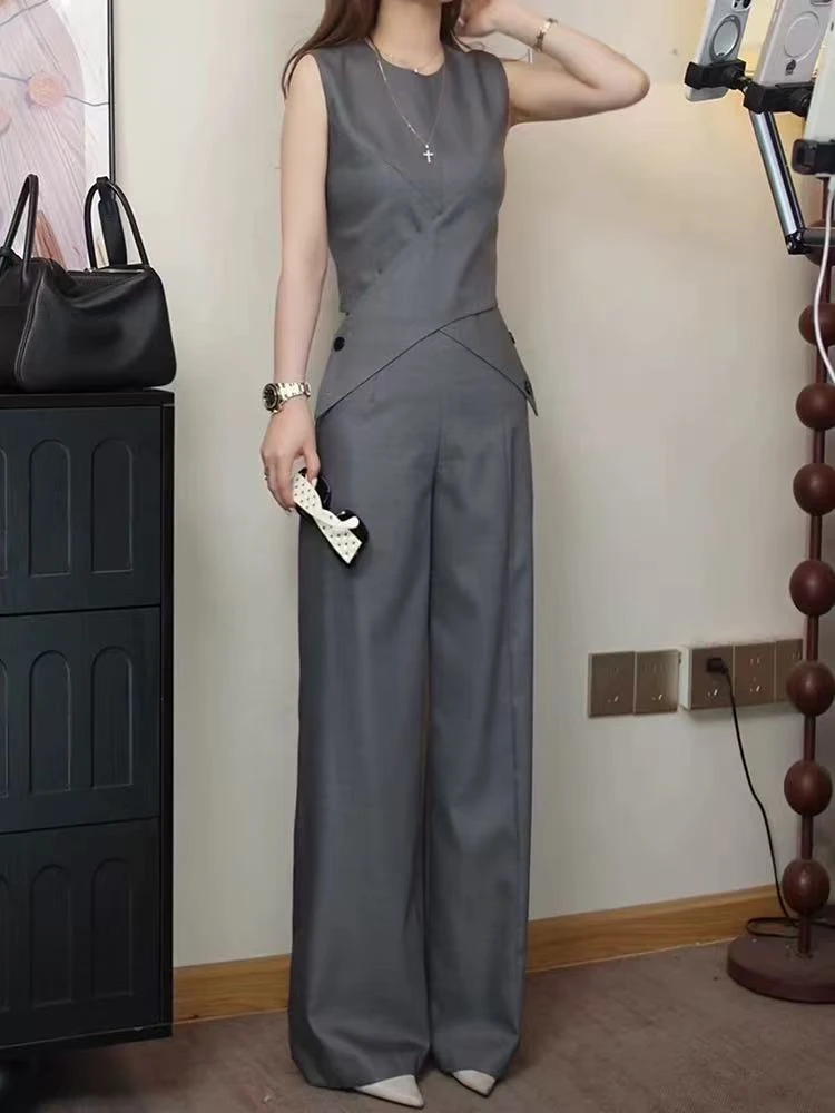 068#高端小众设计撞色连体裤套装夏季新款气质名媛阔腿裤两件套