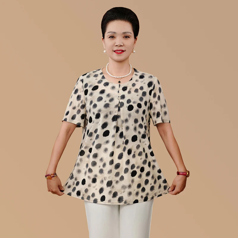 洋气母亲衣服夏季新中式时尚气质短袖T恤薄款舒适上衣妈妈装夏装