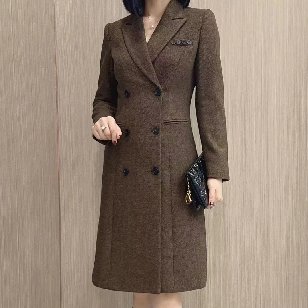 C1678灰色人字纹呢子大衣女2025秋冬新款外套中长款职业装A