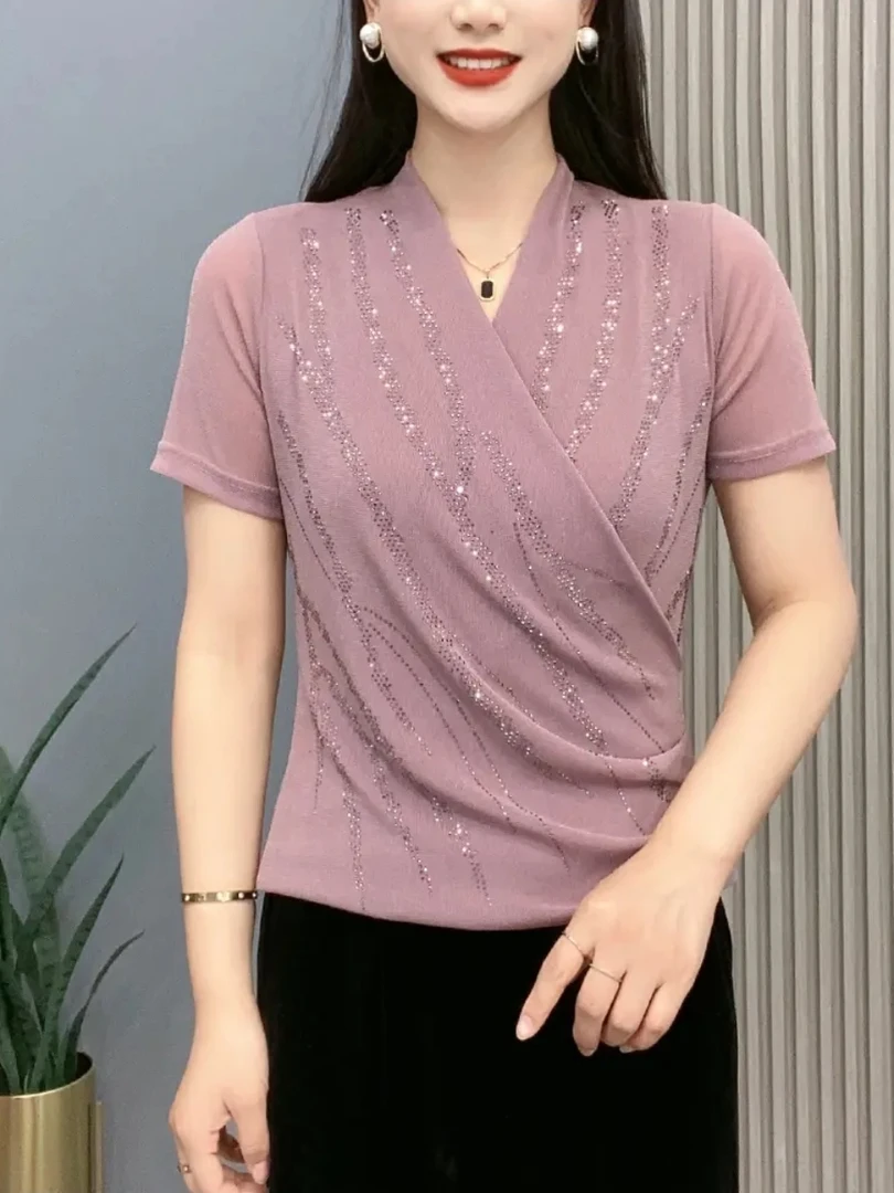 2025夏季新款洋气妈妈装交叉v领烫钻短袖减龄T恤上衣时尚百搭9921