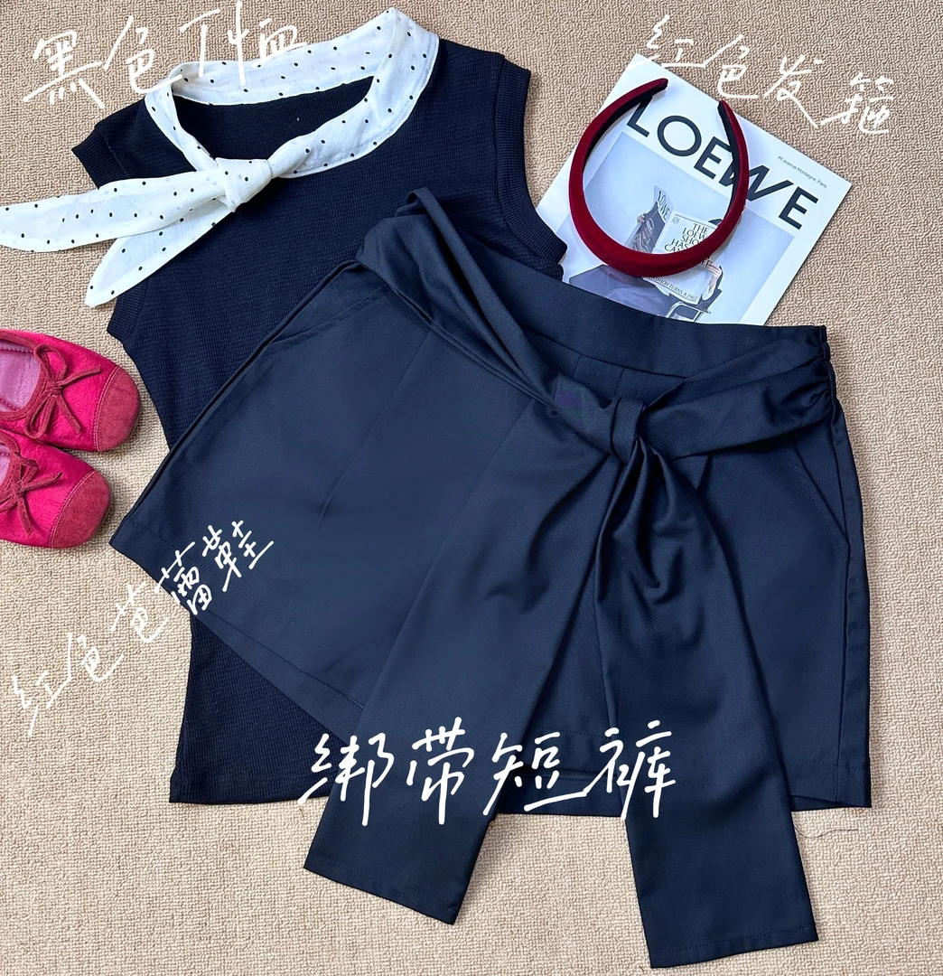 清 夏季时尚不规则绑带高腰休闲短裙裤阔腿裤松紧腰