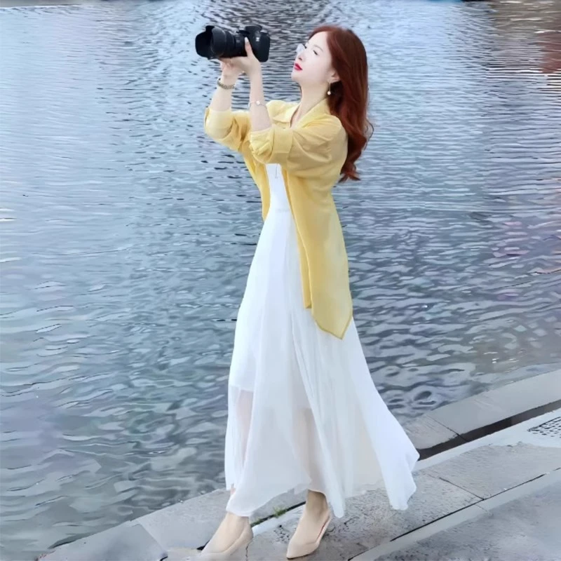 法式雪纺防晒衣衬衫女夏天冰丝薄纱开衫配吊带裙外搭披肩空调罩衫