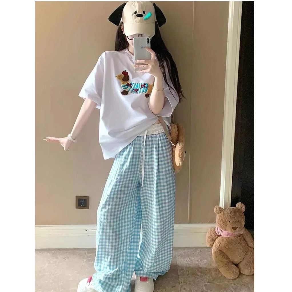 【运补】格子裤子女夏季2025新款高腰宽松休闲直筒复古阔腿裤薄