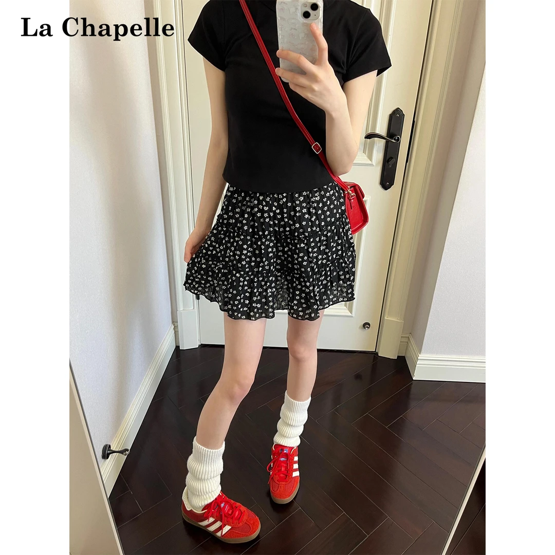 【运费补贴】拉夏贝尔黑色碎花短裙女夏季2025新款高腰a字半身裙