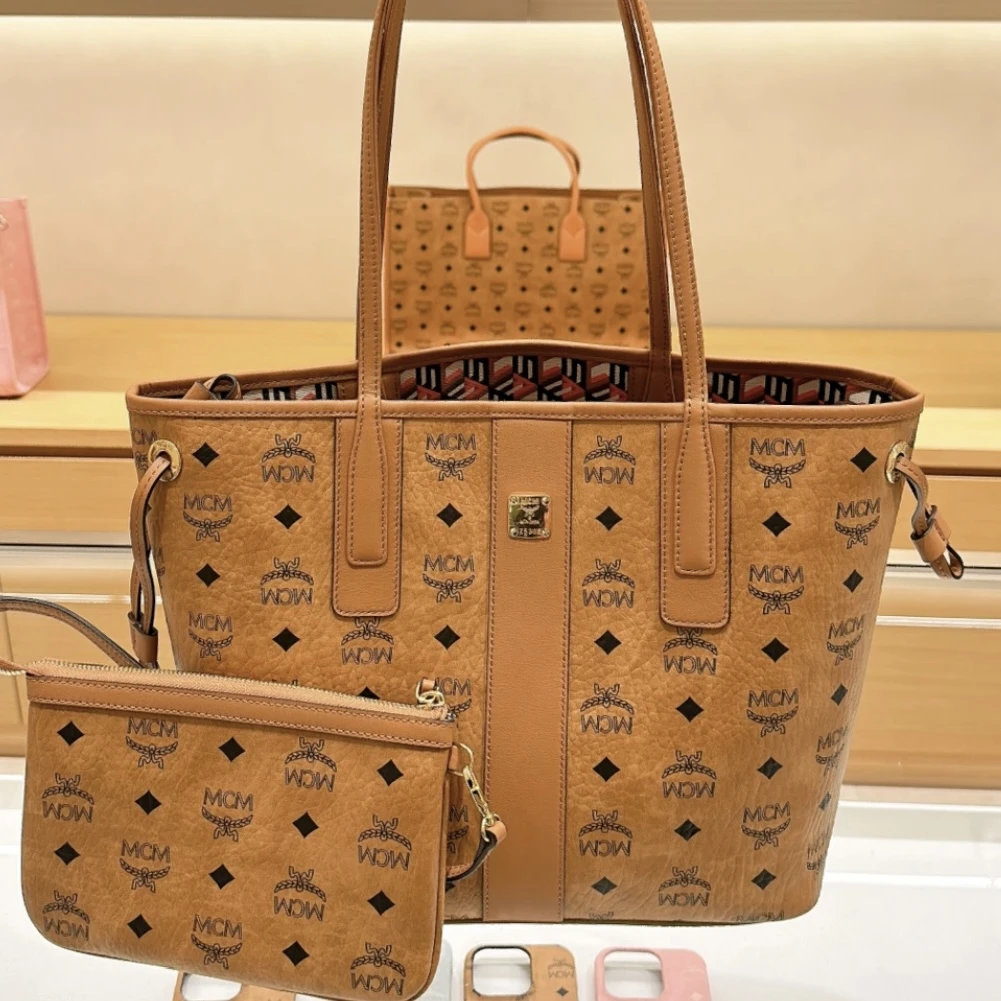 全新未使用 MCM XM/干邑色满印子母包Tote购物袋小号/WJ03101426