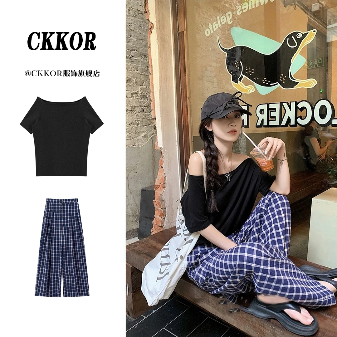 CKKOR夏季新款斜肩短袖t恤女韩版时尚洋气格子阔腿裤宽松显瘦套装