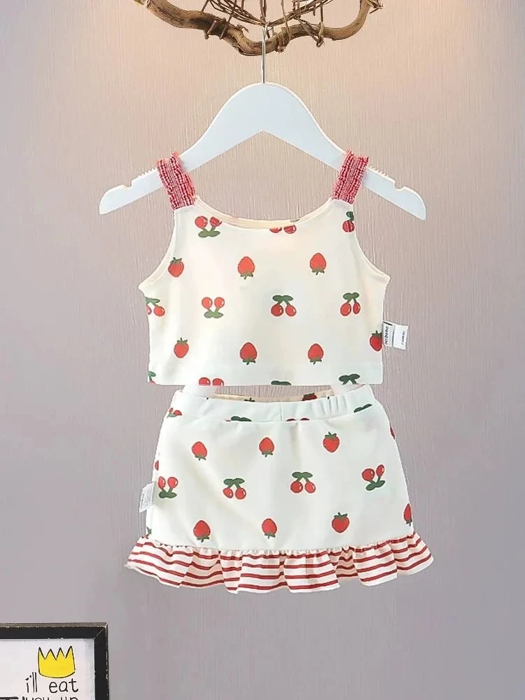 新款女童分体泳衣宝宝夏儿童新款草莓樱桃印花套装公主风甜美