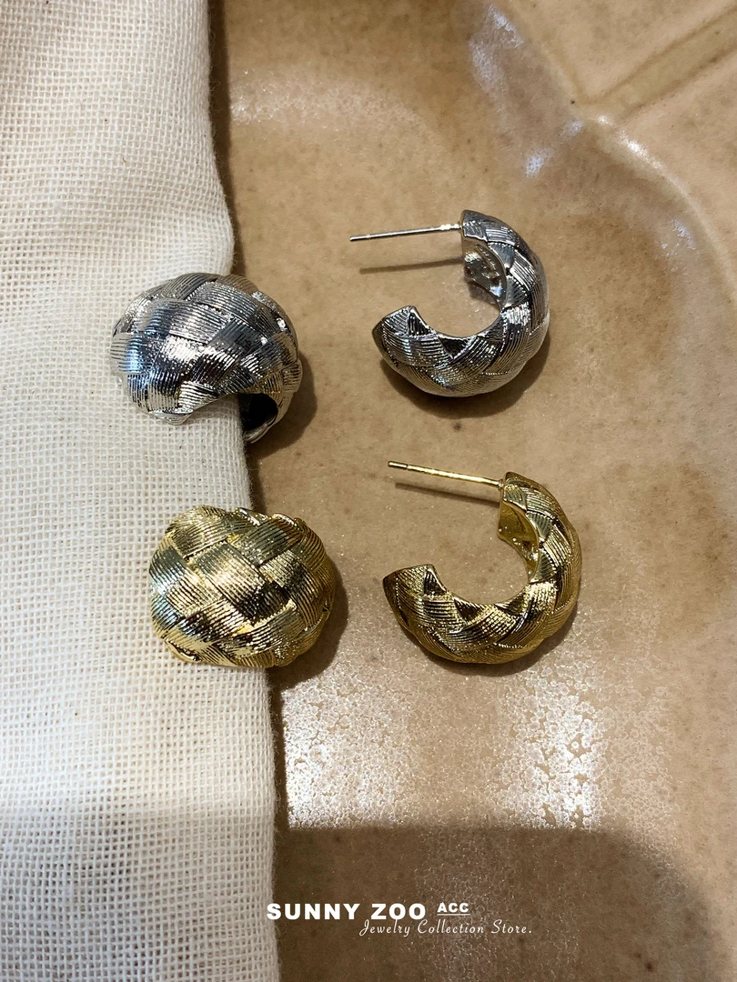 铜合金耳饰 手工编织拉丝纹理耳钉小众重工设计感ins耳饰
