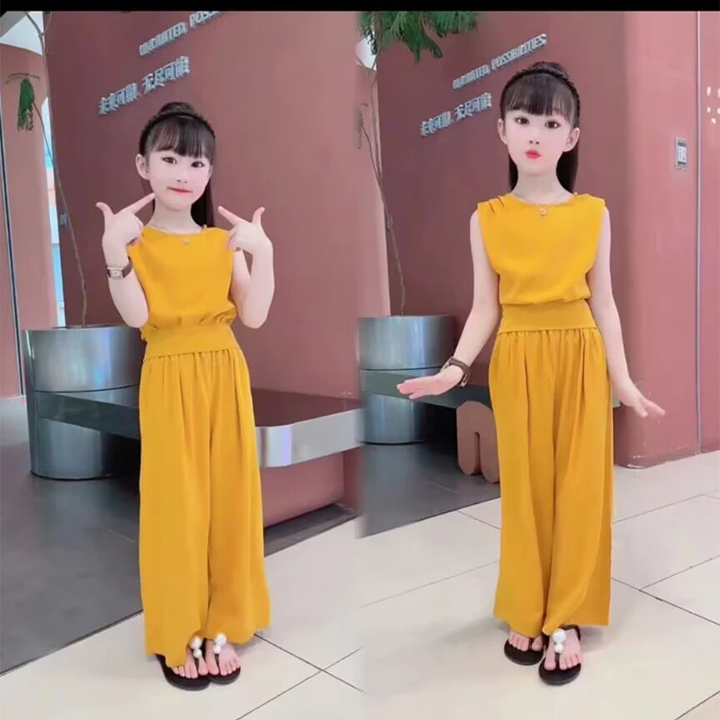 女童夏季套装2025新款洋气夏装无袖雪纺6-12岁中大童8-15岁女童装