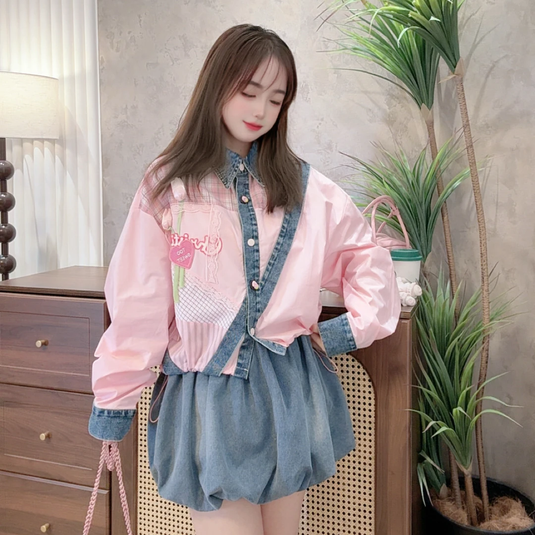 大观欧货冬季新款拼接牛仔长袖衬衫花朵设计感时尚百搭宽松减龄