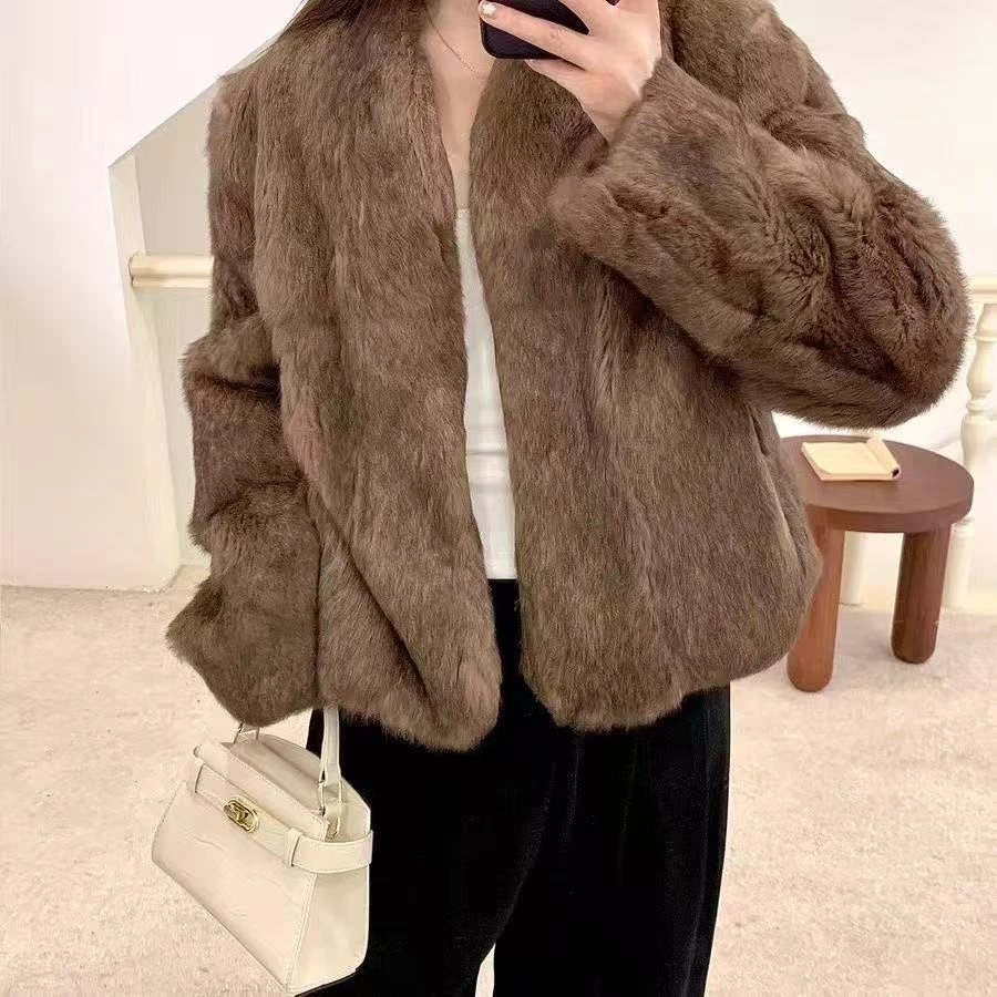 中古老钱风双色100%整皮兔毛一体短款V领千金皮草冬季加厚外套