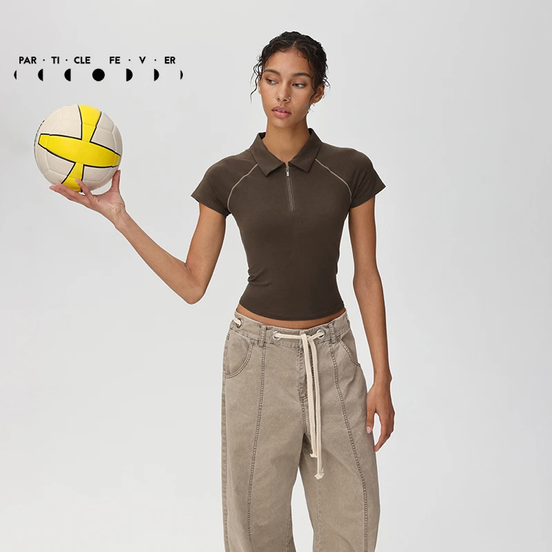 【高腰短Tee】女士正肩撞色线条分割弹力polo高腰短袖粒子狂热TP167