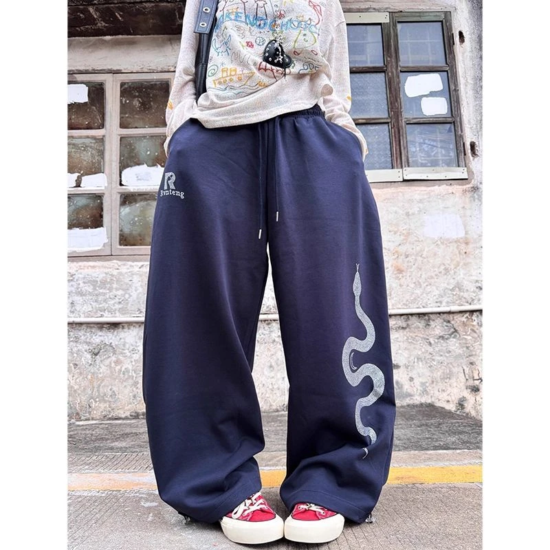 美式复古设计感烫钻印花休闲裤男女宽松卫裤高街直筒百搭拖地裤子