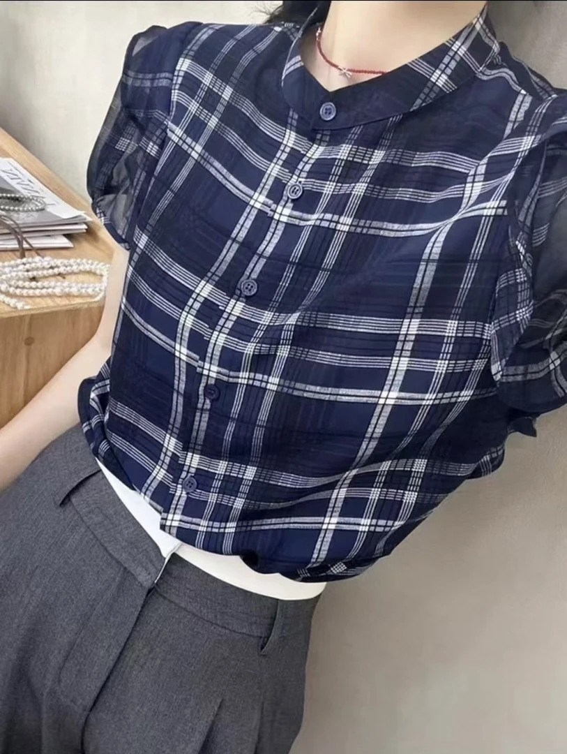 短袖格纹INS风夏季不褪色衬衫修身公主风泰式