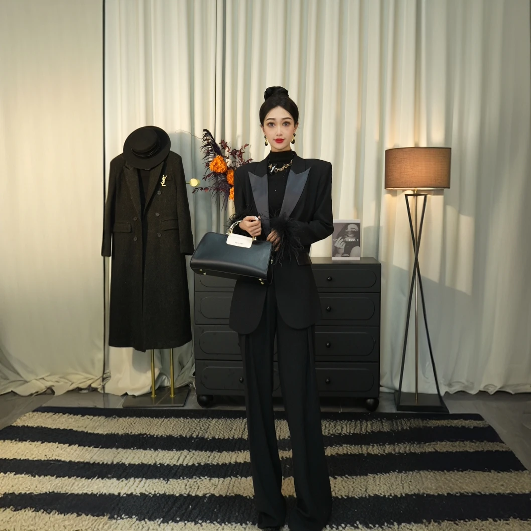 QIANTAI黑天鹅【宋佳明星秀款】高奢休闲女士西装套装宽松套装