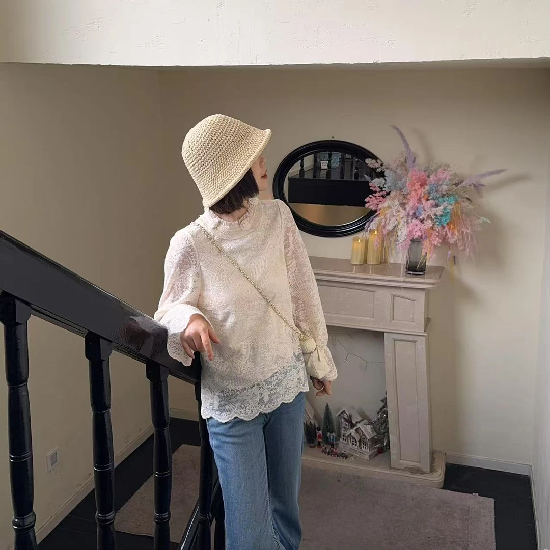 【宫廷千金】春季 花苞袖提花圆领重工艺上衣 长袖蕾丝镂空小衫